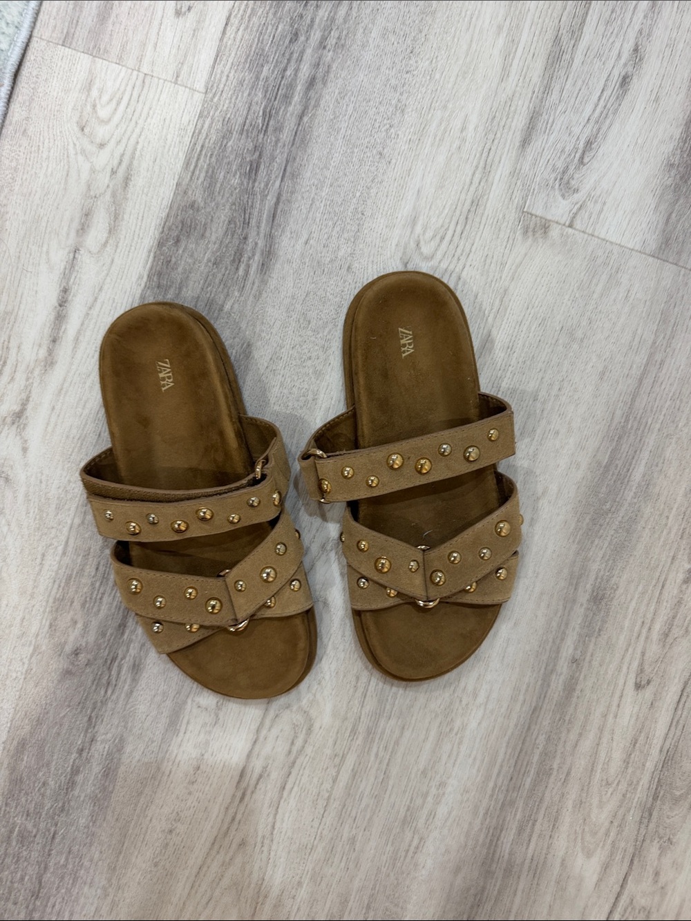 Zara Brown Double-Strap Stud Slide Sandals size 7